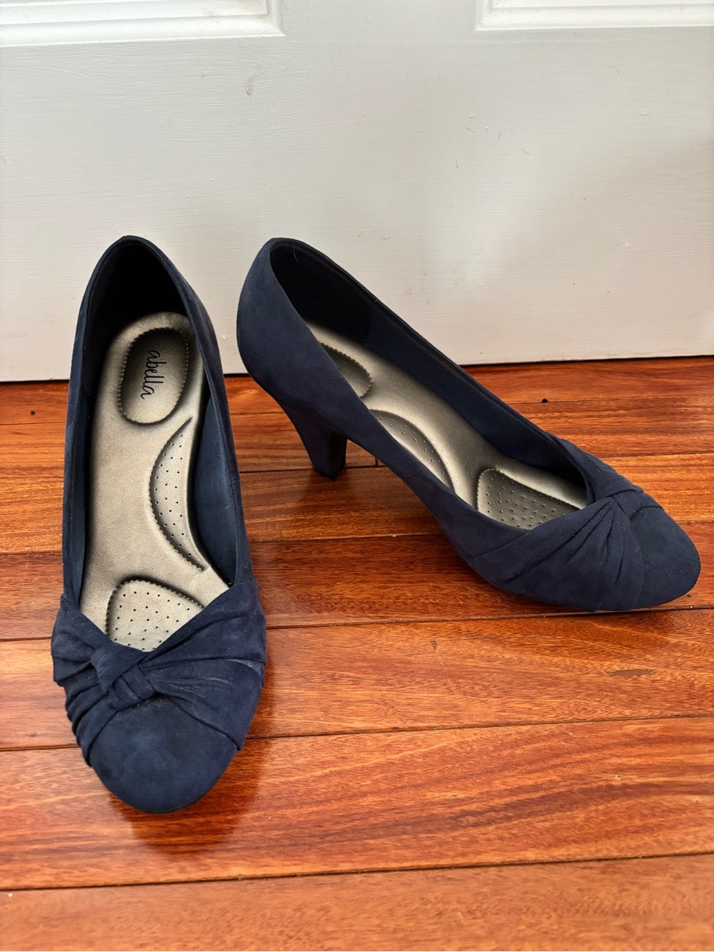 Abella Navy Suede Mid Heel Pumps with Knotted Toe